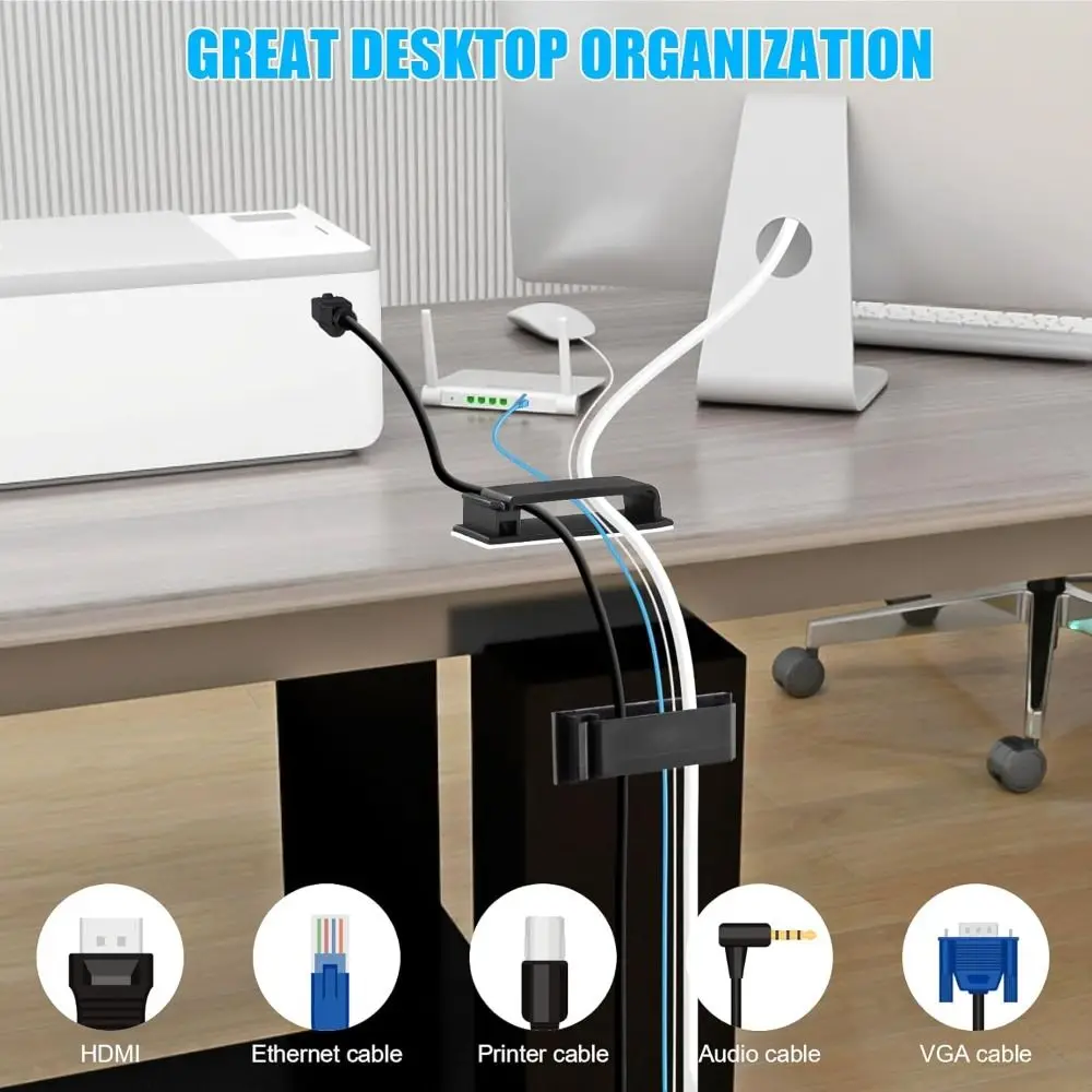 Cord Manager Self-adhesive Cable Organizer Black White Plastic Wire Clips Cable Management Desk Home Office