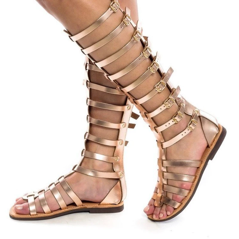 Womens Knee High Roman Gladiator Sandals Ladies Cut Out Flat Boots Summer Casual Strappy Zipper Retro Fashion Thong Sandal