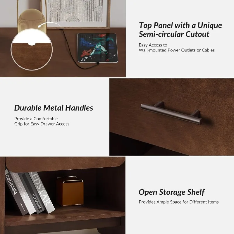 Walnut Nightstand Set of 2 with Charging Station and Hidden Drawer, Bedside Table with Open Storage Shelf, Modern Wo