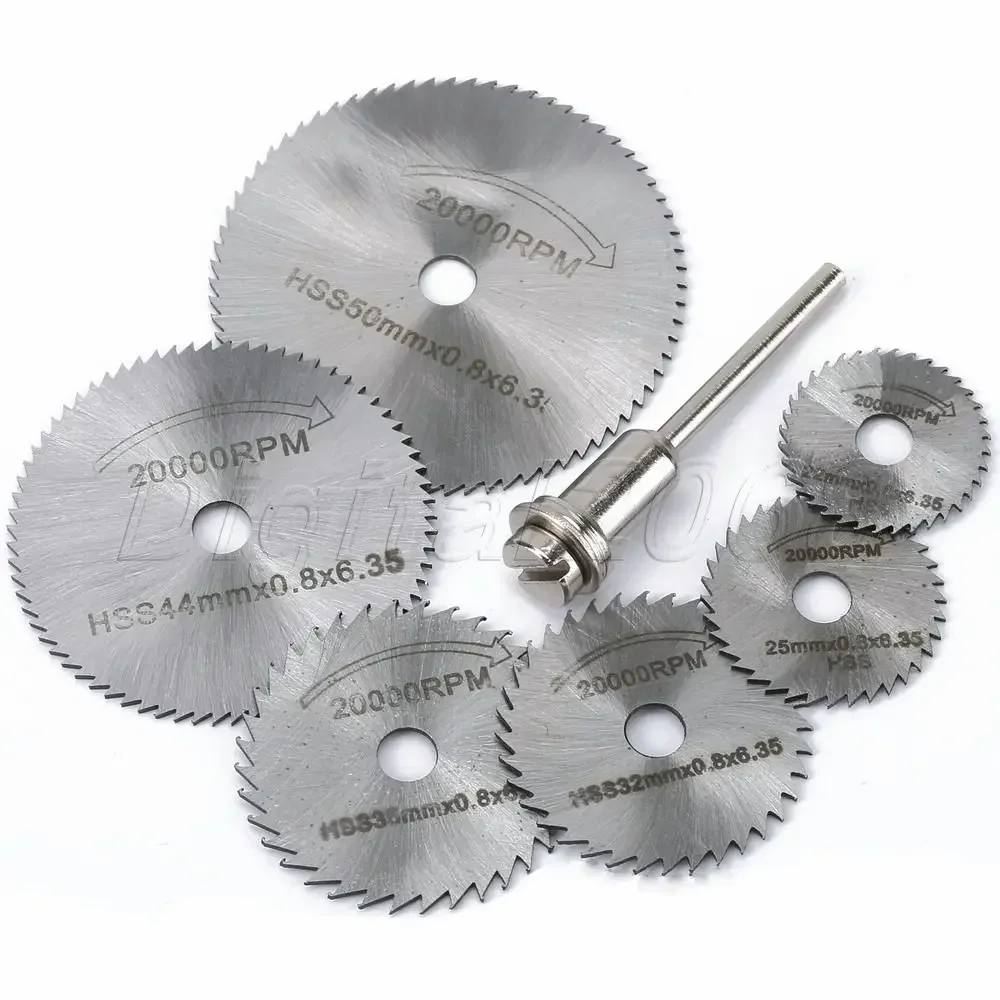 7Pcs HSS Circular Wheel Saw Blades Cutting Discs with Mandrel for Mini Drill Wood Cutting Power Rotary Tools 22/25/32/35/44/50mm