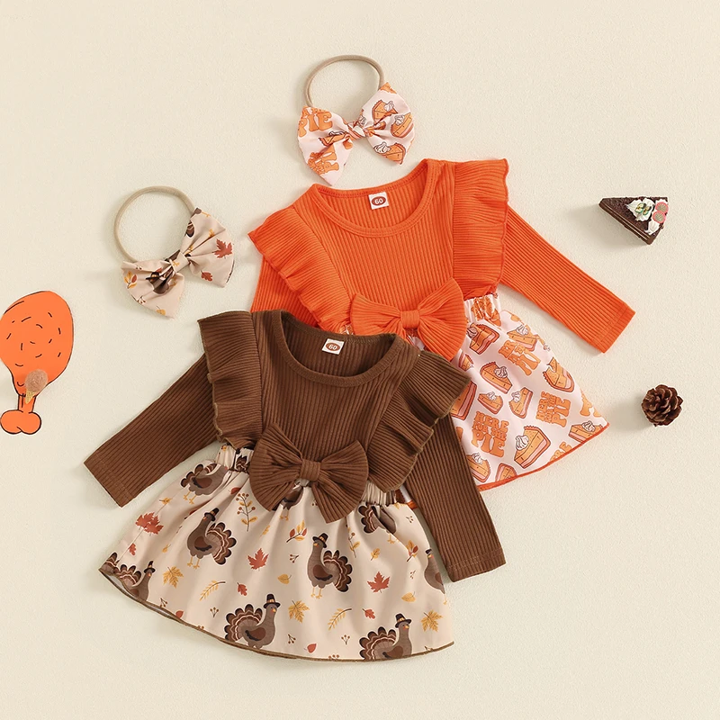 

Newborn Baby Girls Rompers Dress Thanksgiving Clothes Ribbed Ruffles Turkey/Pumpkin Pie Print Skirts Hem Jumpsuits with Headband