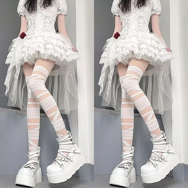 Lolita Black And 1PC White Bandages Thin Jk Uniform Cross Straps Long Knee Length Stockings Women\'s Cosplay Sexy Thigh Stockings