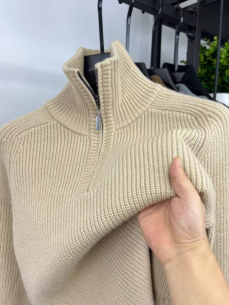 High quality luxury 2024 autumn and winter fashion new trend solid color lapel men's sweater casual warm thick  knit  pullover