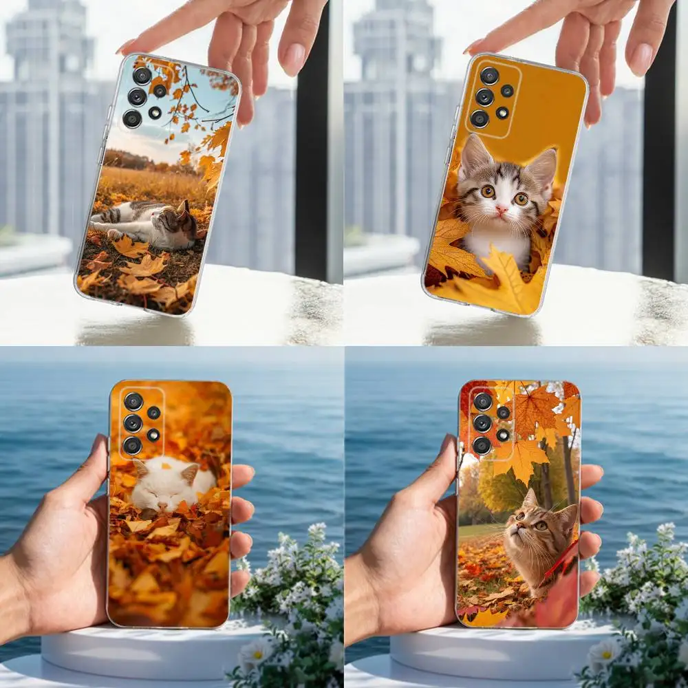 كسول القط في الخريف يترك الهاتف لسامسونج A30,71,51,S20,10,9,Ultra,FE,Lite, S21,23,22,PIus,شفاف,حافظة سيليكون