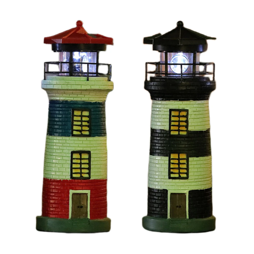 Solar Powered Resin Rotating Lighthouse Lamp Decorative Lighthouse Light Lighthouse Lantern Ornament for Garden Beach Decor