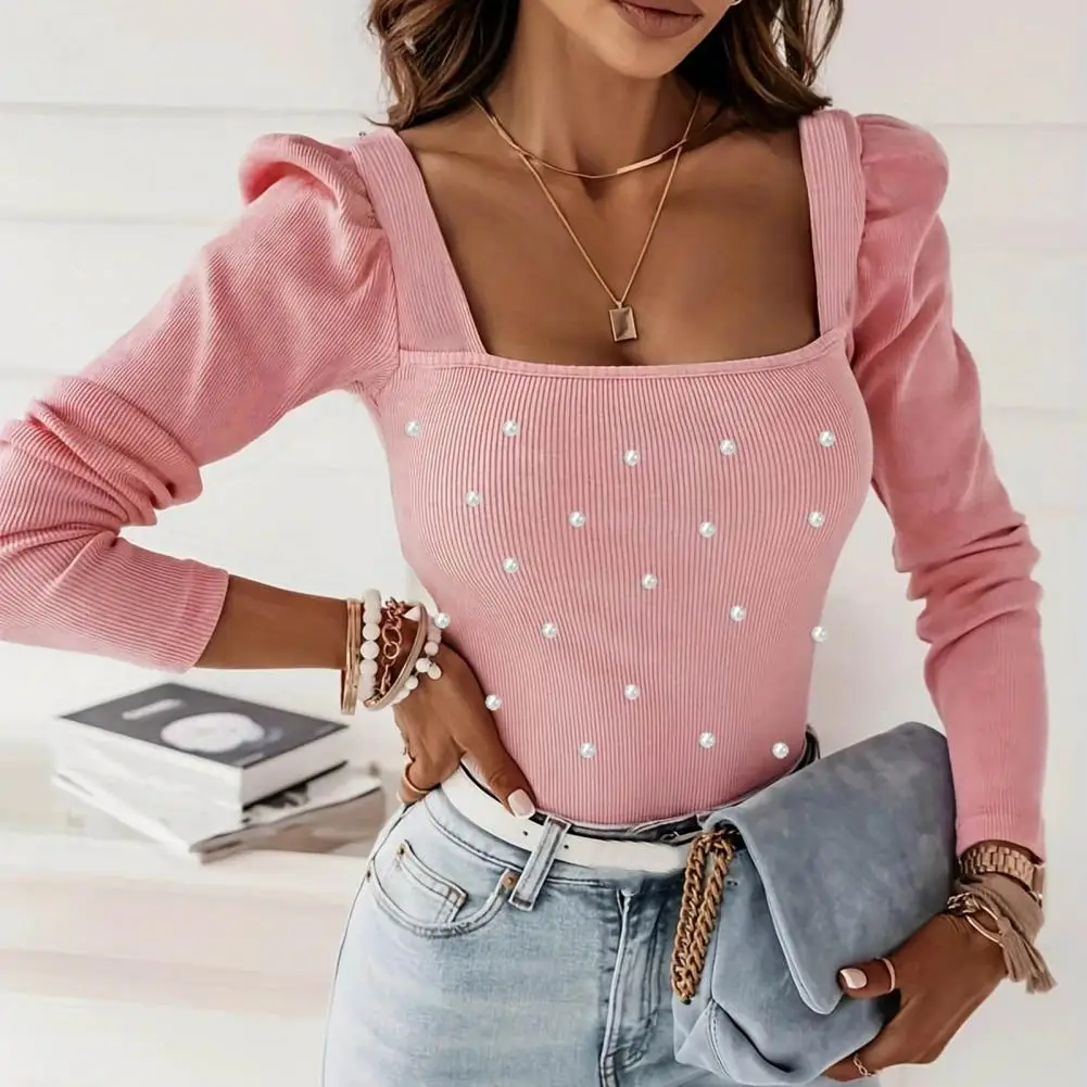 Women's Autumn Top Low-cut Square Neck Solid Color Slim Fit Elastic Thread Beaded Long Sleeve Bubble Sleeve Lady Commute Blouse