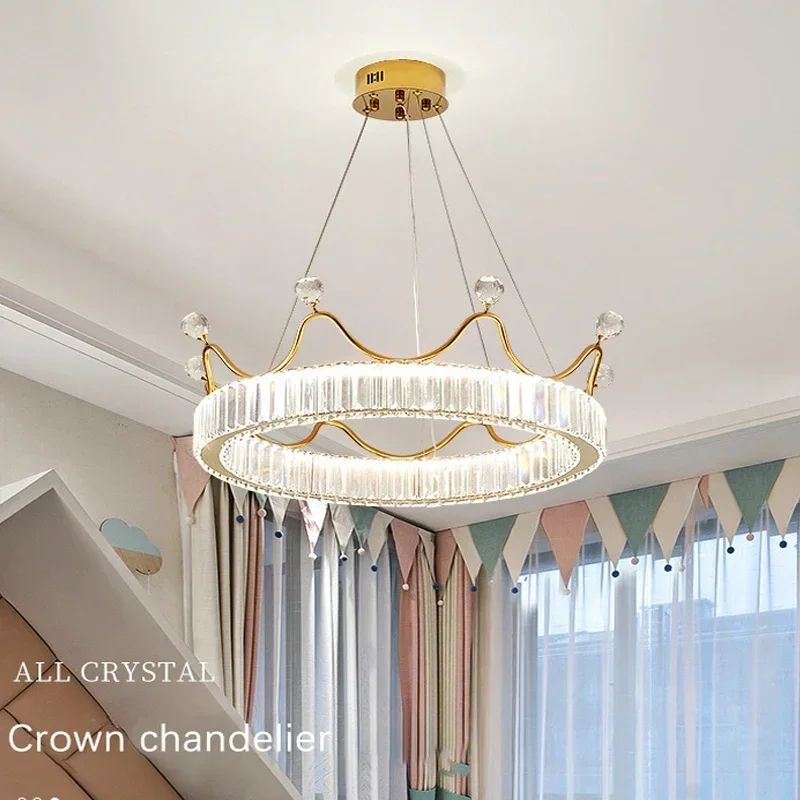 Modern Ceiling Chandelier Lighting Home Decor Girls Children's Room Living Room Crystal Pendant Lamp Golden Crown Led Ring Light