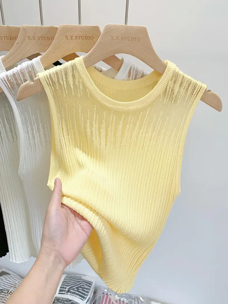 Mesh Small Camisole Women's Inner Hollow Out Undershirt Sleeveless Cropped Top Ice Silk Knit Summer Wear Ins Top