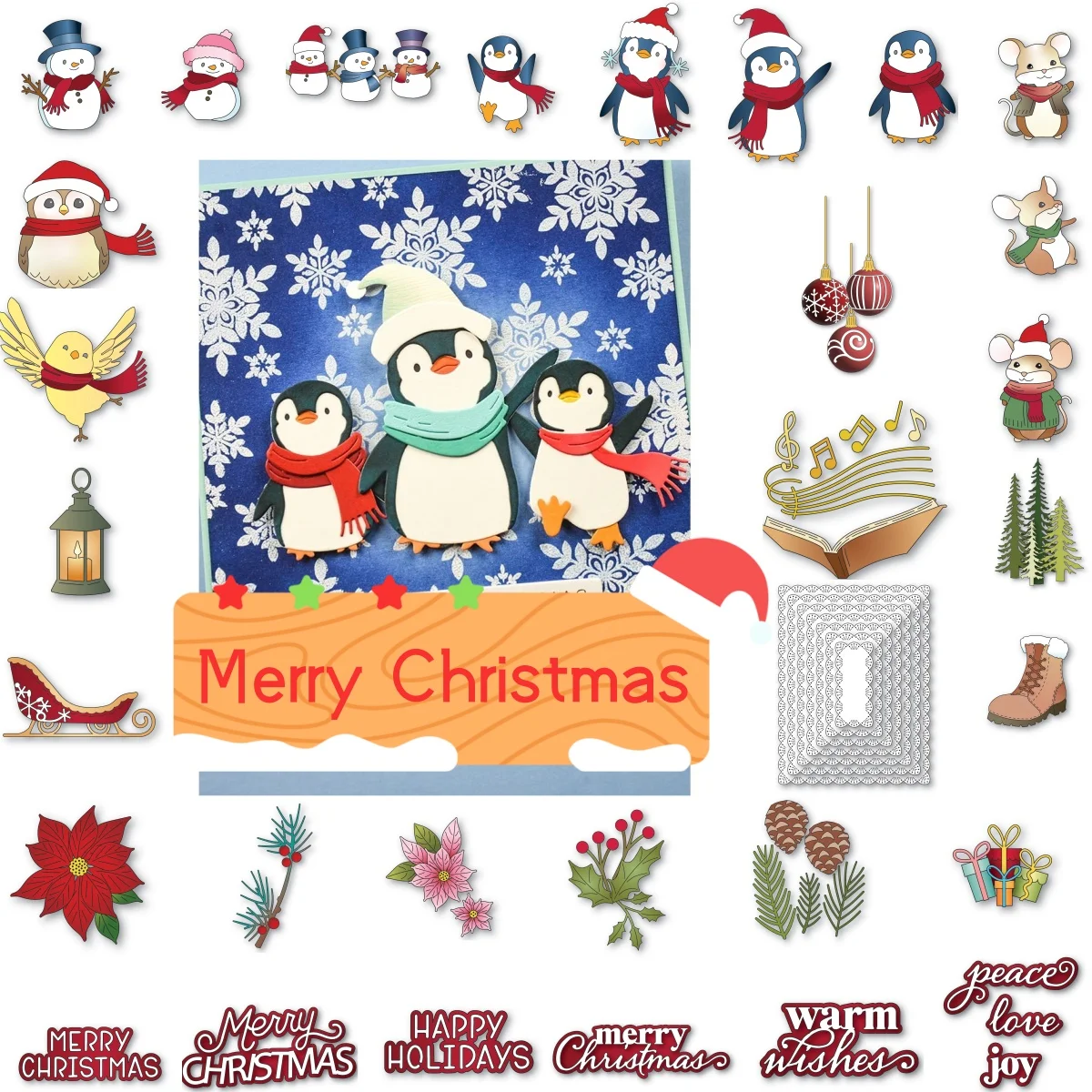 

2025 New Holly Snowman Penguin Bird Letter Metal Cutting Dies for DIY Making Card Scrapbook Paper Craft Supplies Decoration