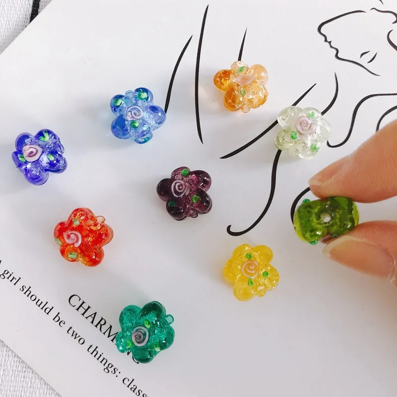 DIY Jewelry Accessories Colorful Flower Glass Beads with Sequin & Gold Foil, Straight Hole Handmade Materials