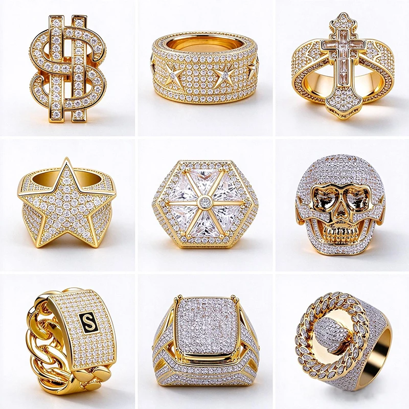Men's Square Dollar Sign Hip-Hop Ring Full Zircon Personalized European American Style for Daily Wear Holiday Jewelry Gifts