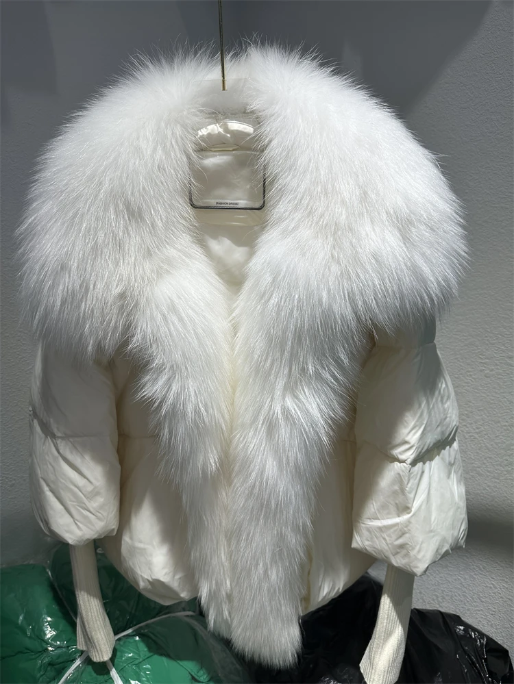 OFTBUY New Duck Down Jacket Winter Coat Women Super Large Real Silver Fox Fur Collar Jacket Knit Sleeve Fashion Luxury Outerwear