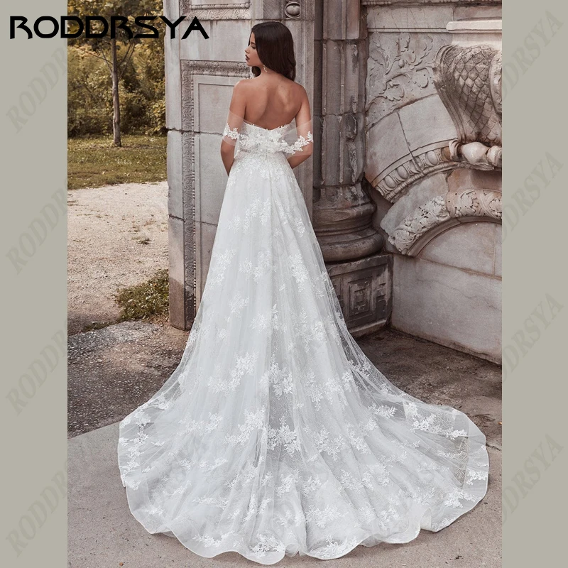 RODDRSYA Off Shoulder Wedding Dresses Boho Illusion Tulle Backless Sleeveless Bride Party Elegant Boat Neck Lace Svatební šaty