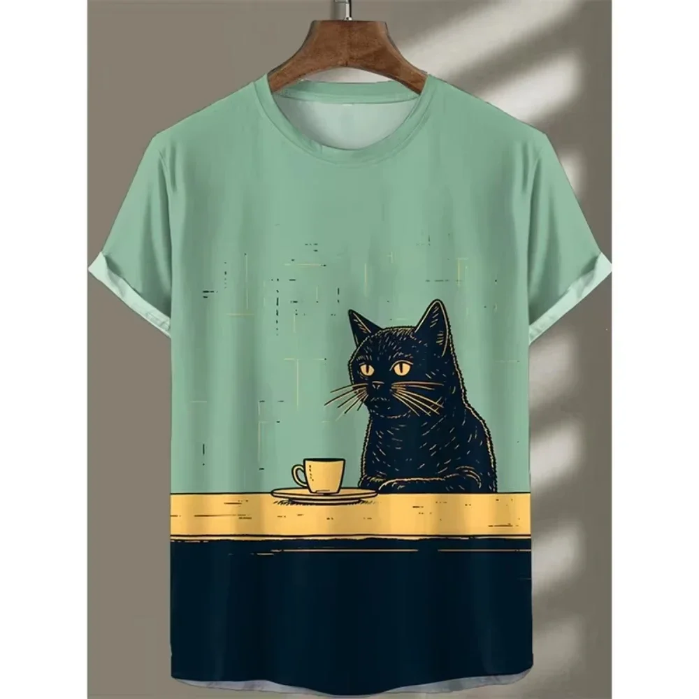 Wine Glass Black Cat PatternSummer Men's T-shirt 3D Printing Casual Comfortable Breathable Quick-Dry Outdoor Sports Fashion Top
