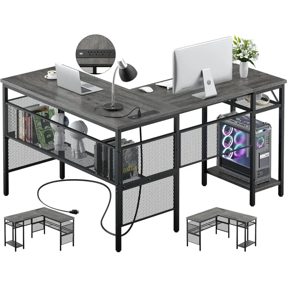 

L Shaped Computer Desk with USB Charging Port and Power Outlet, Reversible Corner Desk with Storage Shelves, Industrial 2 Person