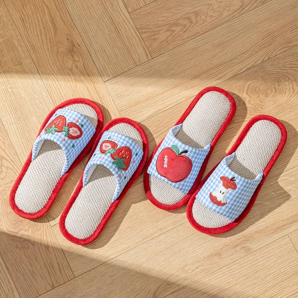 

Soft Strawberry House Linen Slippers Anti-slip Flax Sweet Slippers Women Fruits Grid Stripe Indoor Slippers All Seasons