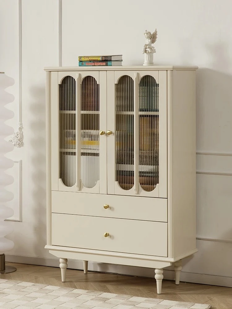 

French Cream Style Double Door Wine Cabinet All Solid Wood Decorative Side Cabinet American Light Luxury White