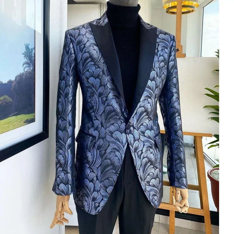 Jacquard Men Suits For Wedding 2 Pcs Made Groom Tuxedo Slim Fit Fasion Prom Peaked Lapel Jacket With Pants