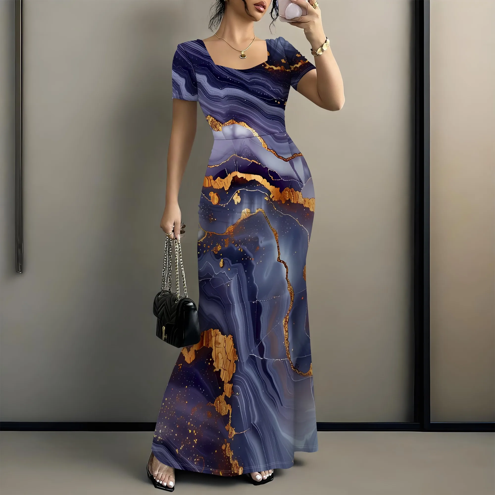 EQQZD ชุดเดรสหางนางเงือกคอเหลี่ยมแขนสั้น, ชุดเดรสแม็กซี่เดรสเข้ารูปพิมพ์ลายหินอ่อนสไตล์โมเดิร์นสําหรับผู้หญิง