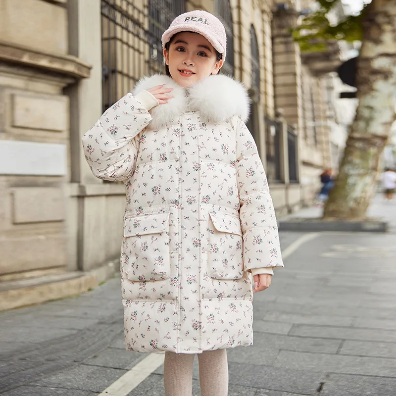 

Winter Down Jacket For Children Girl Floral Print Teen Girl Outerwear Coat Faux Fur Hooded Kids Girl Parka 5-12Y Outerwear