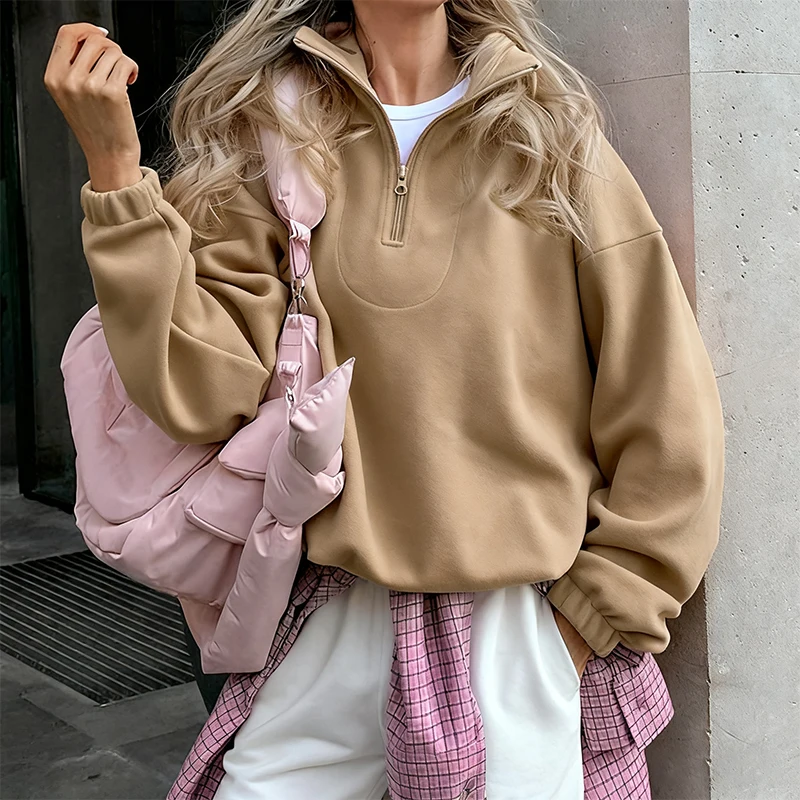 Rosa Winter-Lammfell-Hoodie für Damen mit Reißverschluss und Kragen, Fleece-Pullover für Frauen – Detail 13