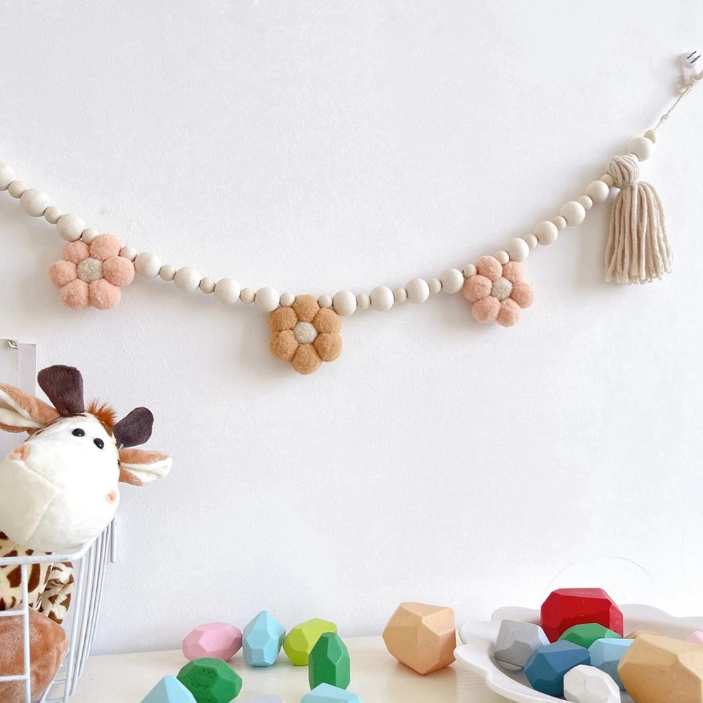 Boho Tassel Garland with Wooden Beads Daisy Birthday Party Banner for Farmhouse Wall Mantel High Chair Photo Prop Home Decor