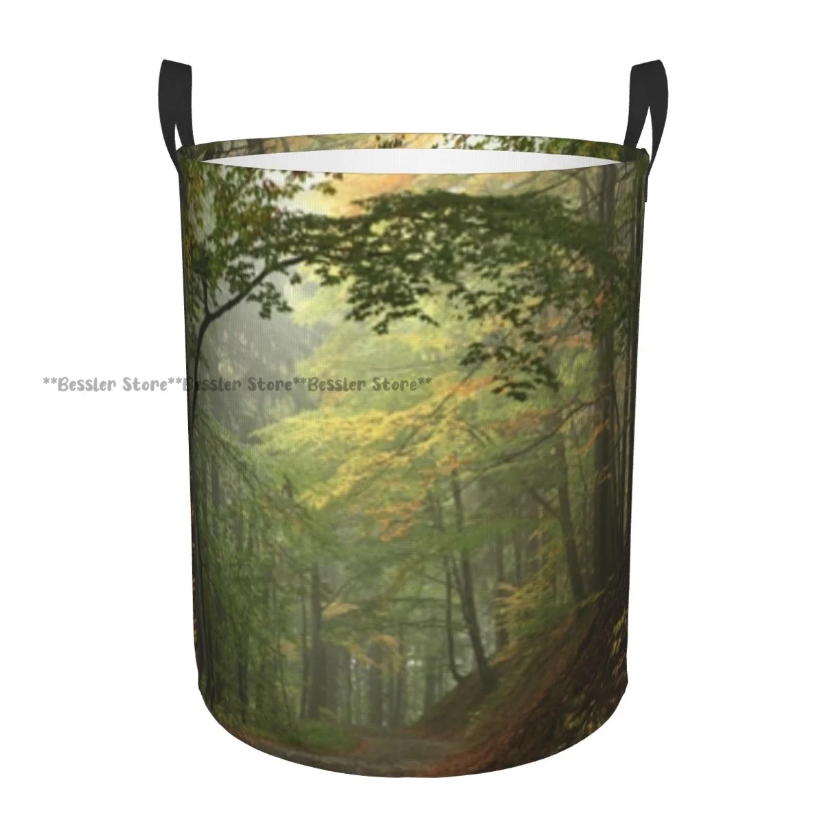 Laundry Basket Misty Autumn Forest With Shaded Trees Foggy Round Storage Bin Collapsible Hamper Clothes Bucket Organizer