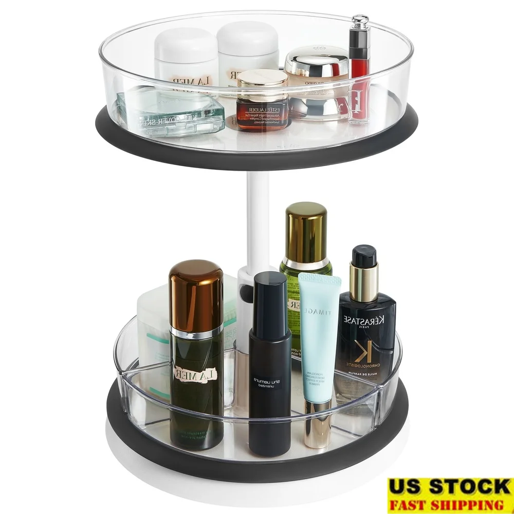 

2-Tier Lazy Susan Makeup Organizer 360° Rotating Clear Storage Dual Tray Caddy Pantry Kitchen Organizer Non-Slip Base Spills