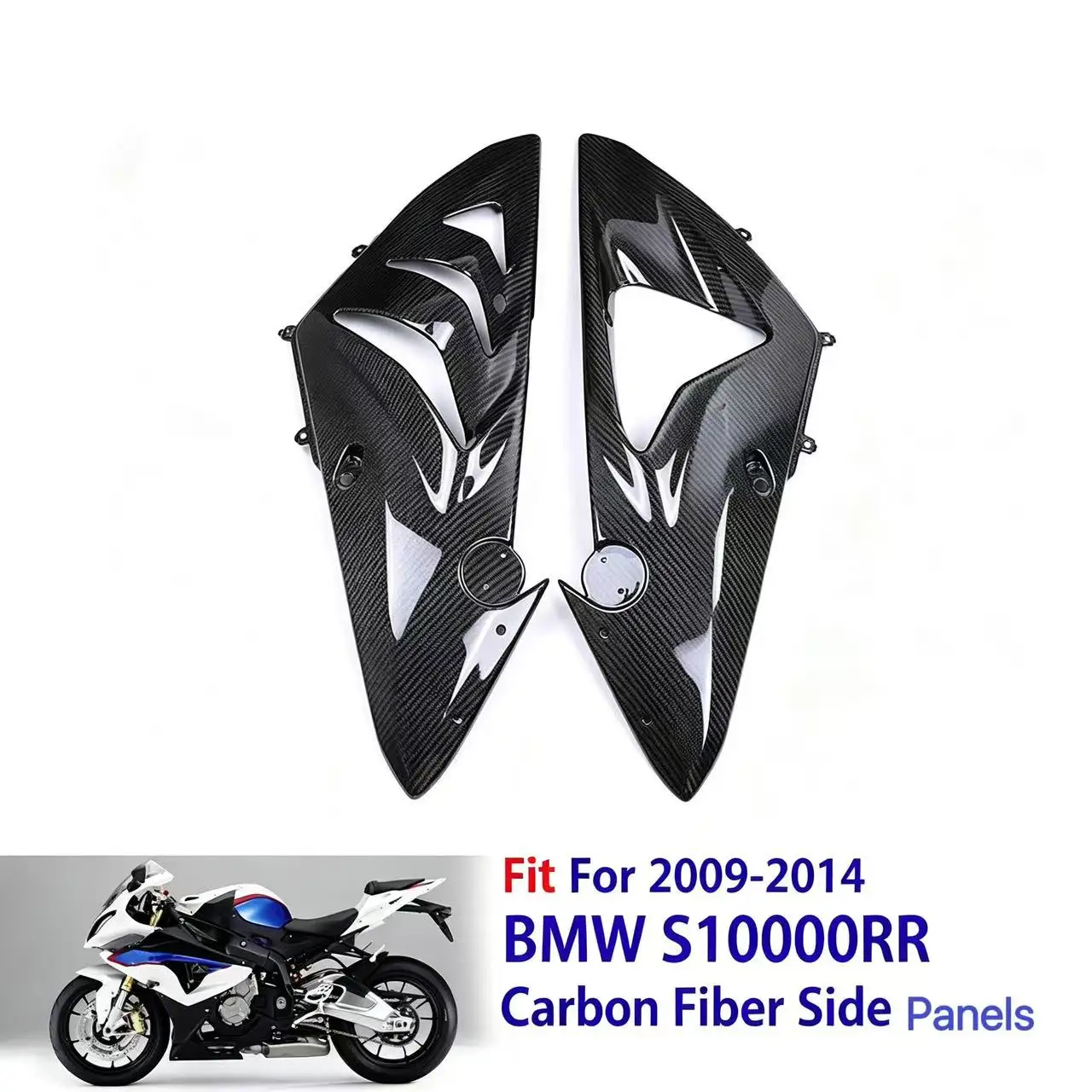 Applicable to BMW S1000RR from 2004 to 2014. Motorcycle parts made of 100% pure dry carbon fiber for side panels and mudguards.