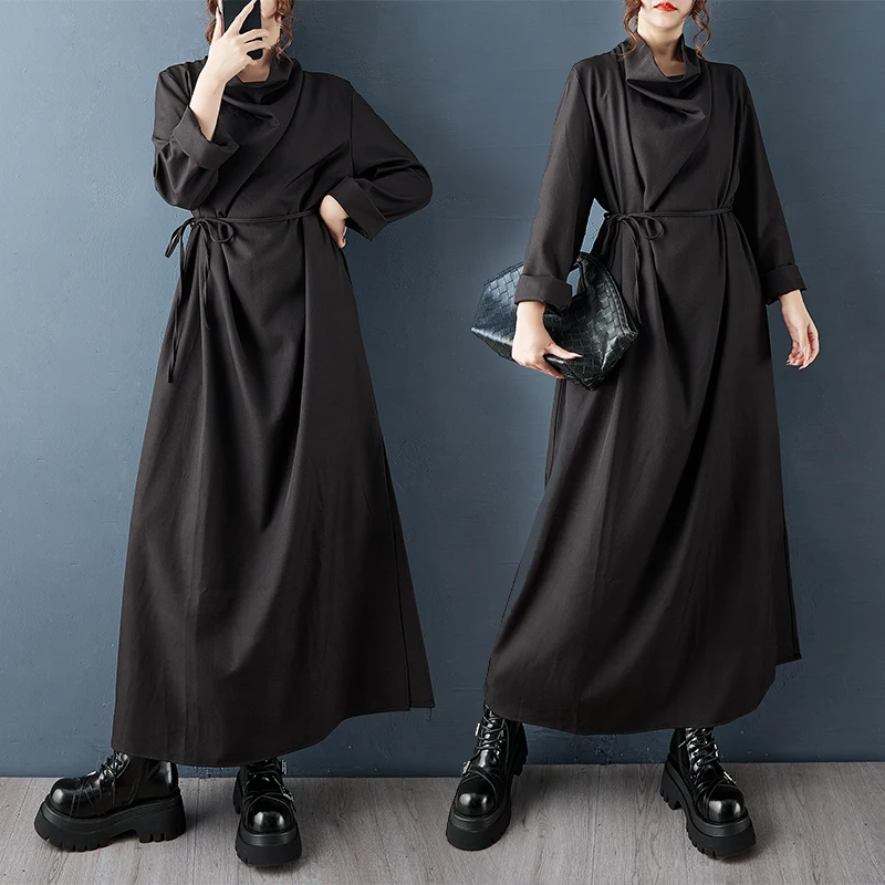 

Retro Loose Midi Dr with Slit And Stand Collar for Women Autumn New Sle Ele Slimming Cotton Long Sve Dr