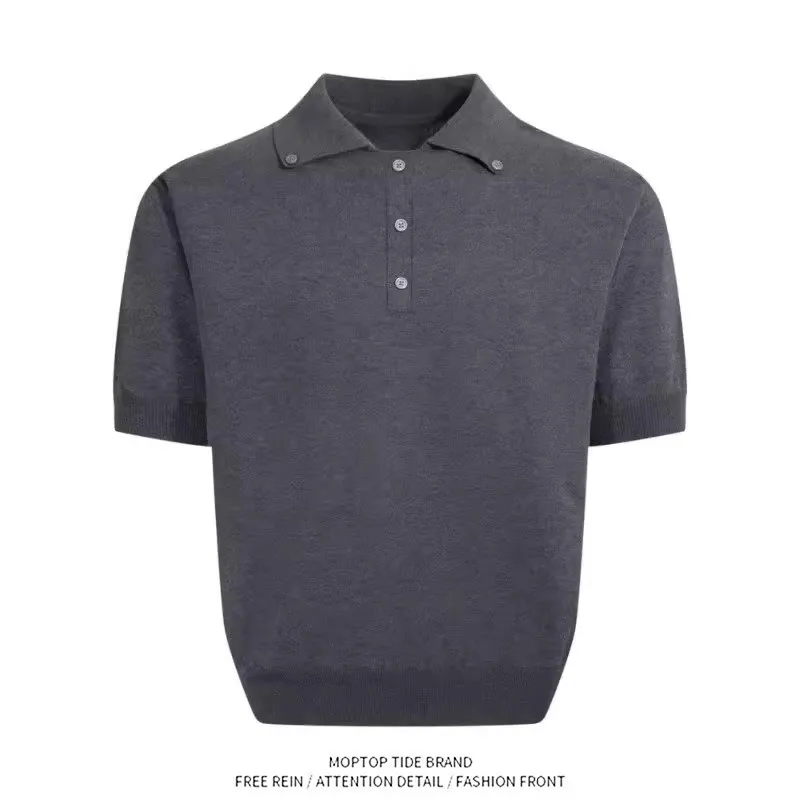 

American Retro Loose Knitted Short Sleeve T-Shirt Button Design Casual Versatile Summer Top for Young Men Breathable Polyester