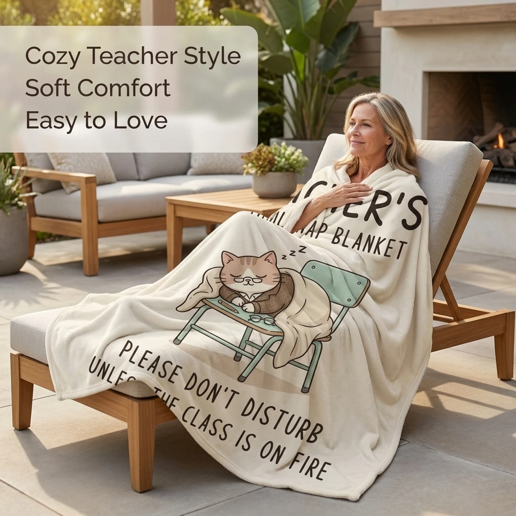Cute Cat Teacher Print Flannel Throw Blanket Funny Official Nap Blanket for Teachers Cozy Lightweight Blanket for All Seasons