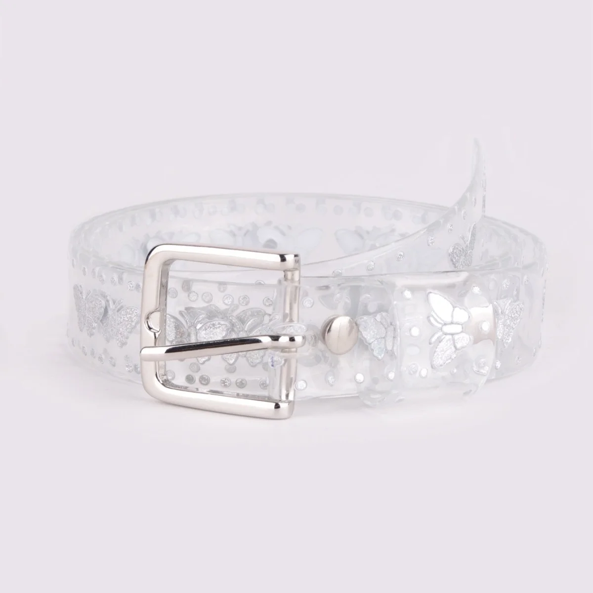 Y2K Butterfly Print Transparent Laser Glitter Belt Thin PVC Frosted Waist Belt for Women Cool Sweet Spicy Fashion Accessory