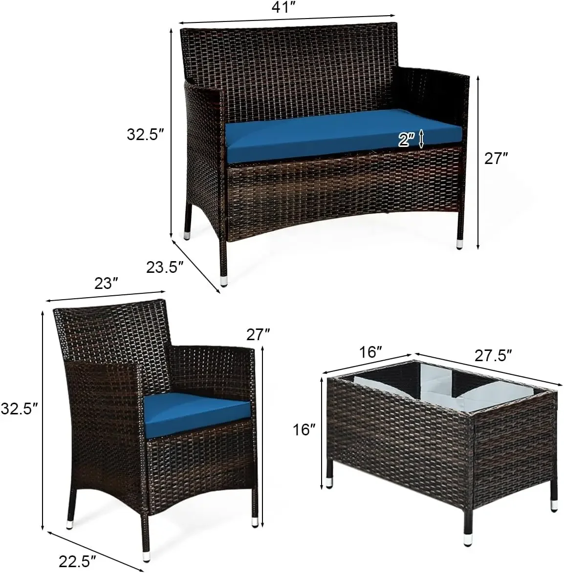 Set da 4 pezzi per Patio, Set da conversazione in vimini per esterni per cortile, Set di mobili in Rattan con tavolino da caffè in vetro temperato e cuscino morbido