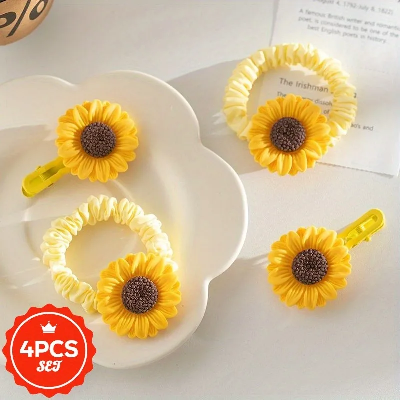 

4Pcs/set Glitter Hair Ties with Sunflower - High Elastic Shiny Hair Bands for Women, Elegant Ponytail Hair Rope Holders