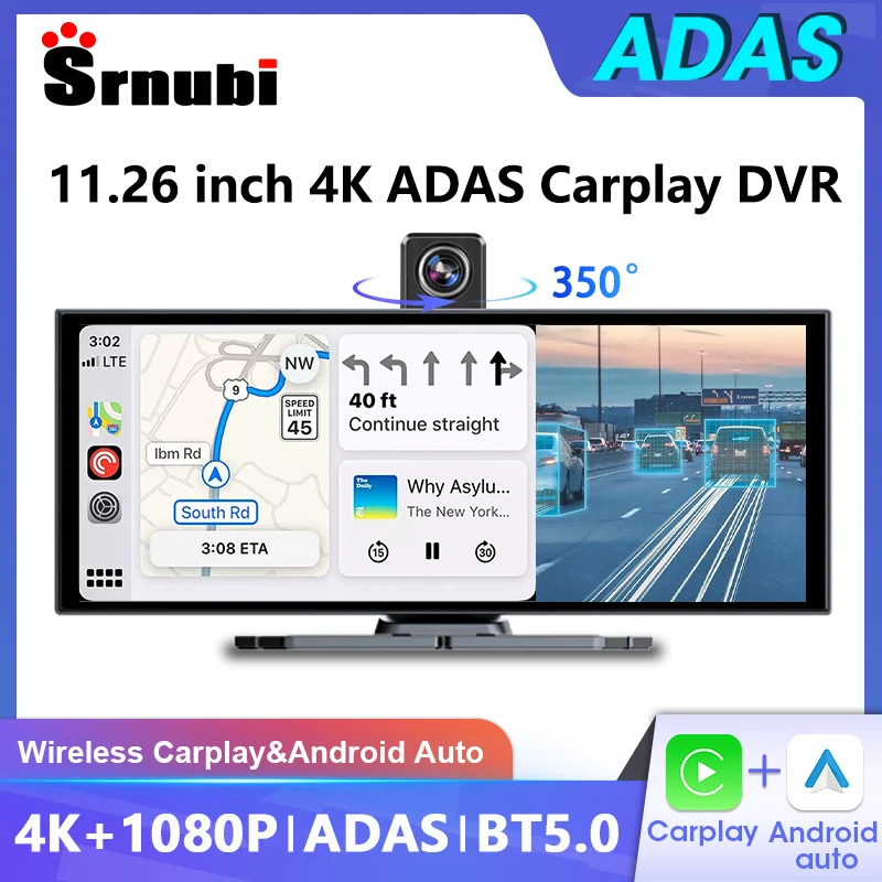 

Автомобильный видеорегистратор Srnubi 11,26 дюйма с ADAS, 4K, беспроводным Carplay, Android Auto, Bluetooth, FM, AUX и монитором