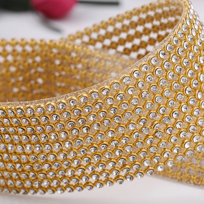 8rows Gold Crystal Rhinestone Chain Trim Hotfix Glass Gold Base Rhinestone Ribbon Clear Rhinestone Tape Trim Iron on Shoes