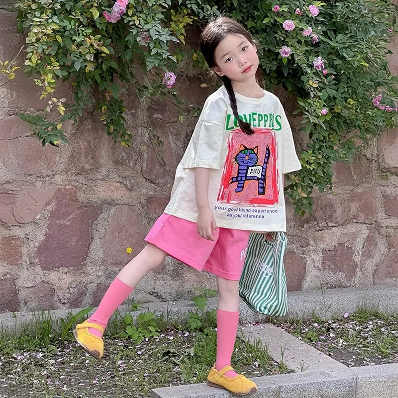 

Повседневный комплект детской одежды для девочек-подростков 2026: футболка и шорты для девочек 12-14 лет, летний комплект с узором