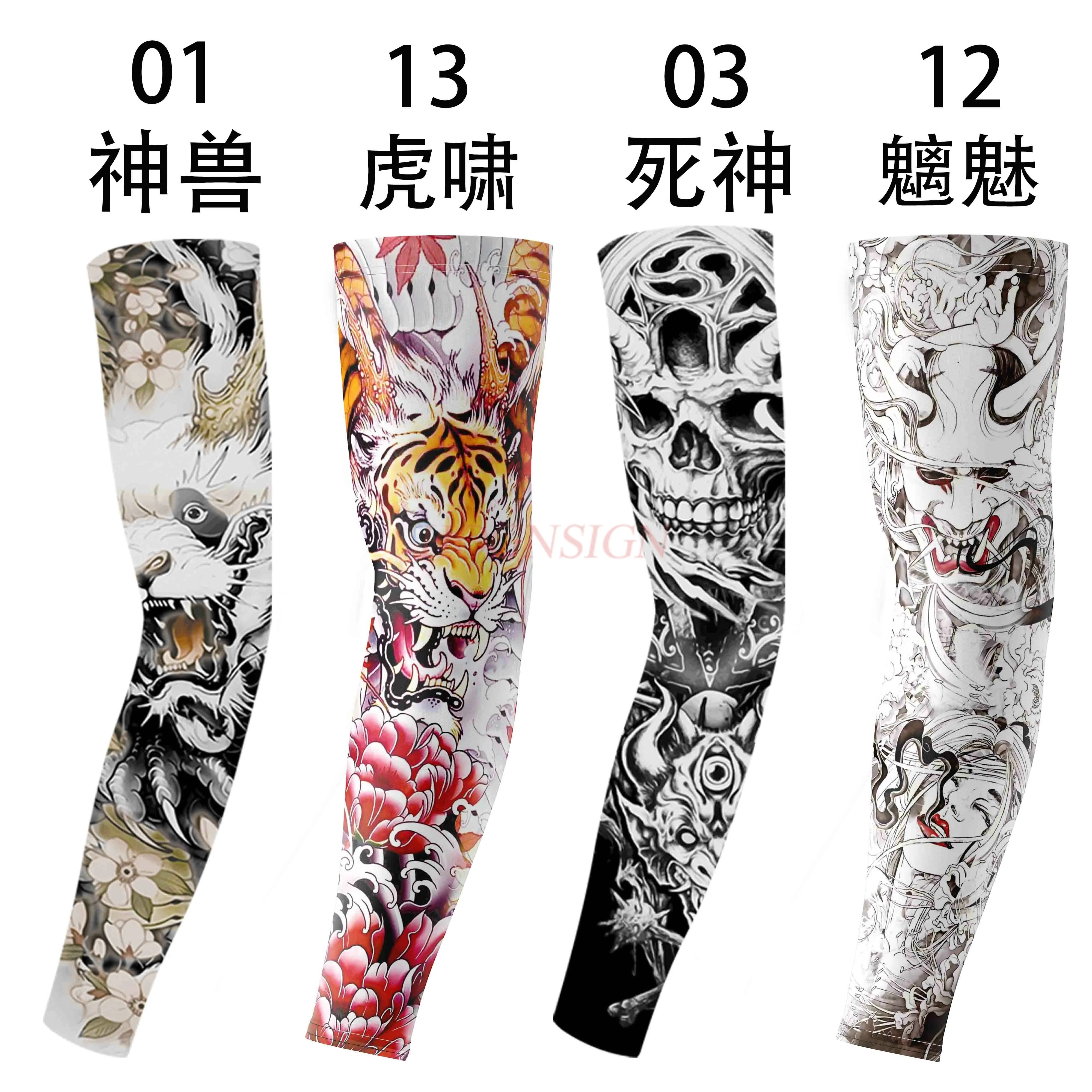 4pcs Tattood sleeves, cool summer sun protection for women and men, arm protection, ice silk sleeves, gloves, thin style