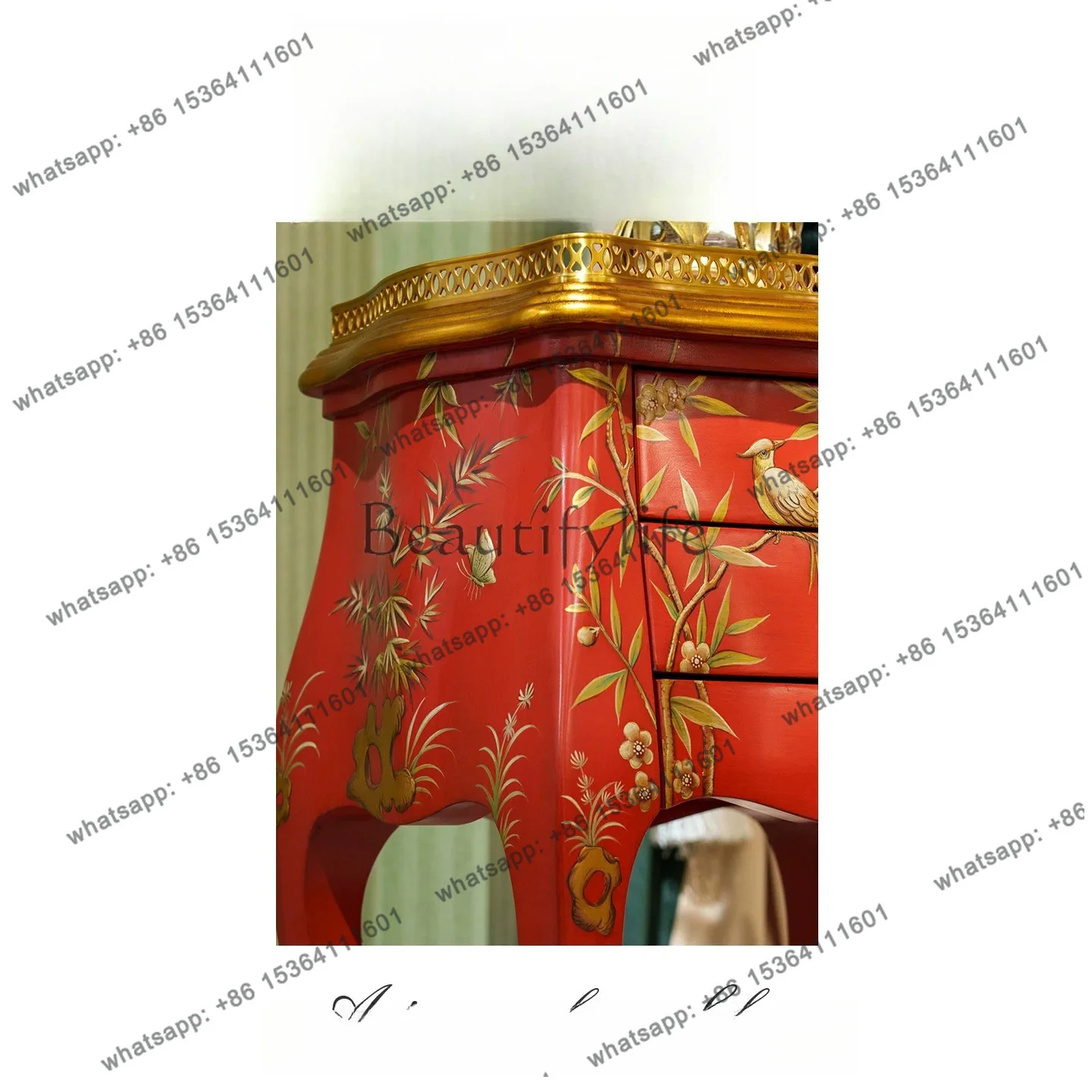 HOT high-end China red storage cabinet solid wood side cabinet living room bedroom bedside small side cabinet C2403