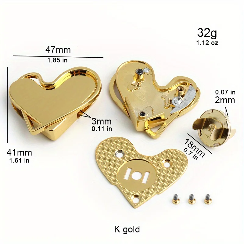 2PCS Handbag Metal Heart Magnetic Clasp Heart Shape Lock with Magnetic Clasp Shoulder Bag Crossbody Bag Hardware Accessories