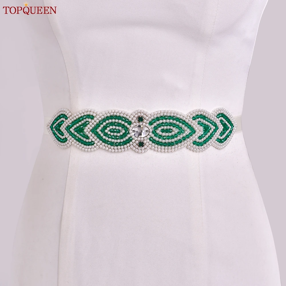TOPQUEEN New Design Bridal Belt,White Beaded Decoration Green Crystal Wedding Sash,Festival Event Tone Dress Belt S265