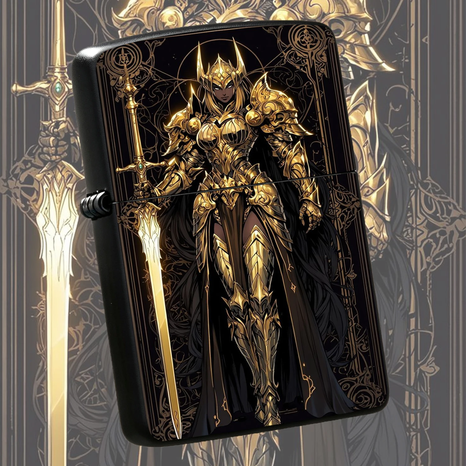 Luxury Golden Holy Armor Female Knight Themed Vintage Art Nouveau BLACK Gold Engraved Non-slip Wear-resistant Collectible Desktop Ornament Ideal Unique Practical Gift for Men Comrades Hobbyists Festival Daily Use A fun and humorous lighter