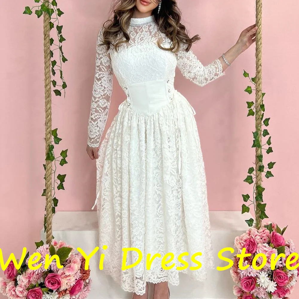 Elegant Party Dresses Woman Tea Length Pleats Lace Straight High Neckline Long Sleeves Appliques Dresses For Formal Occasions