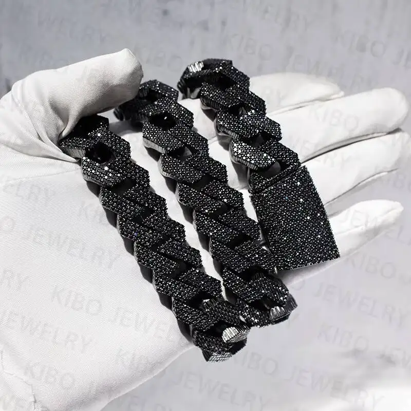 Luxury Hip Hop Necklace Black Gold Vvs Moissanite Diamond Iced Out Cuban Link Chain.