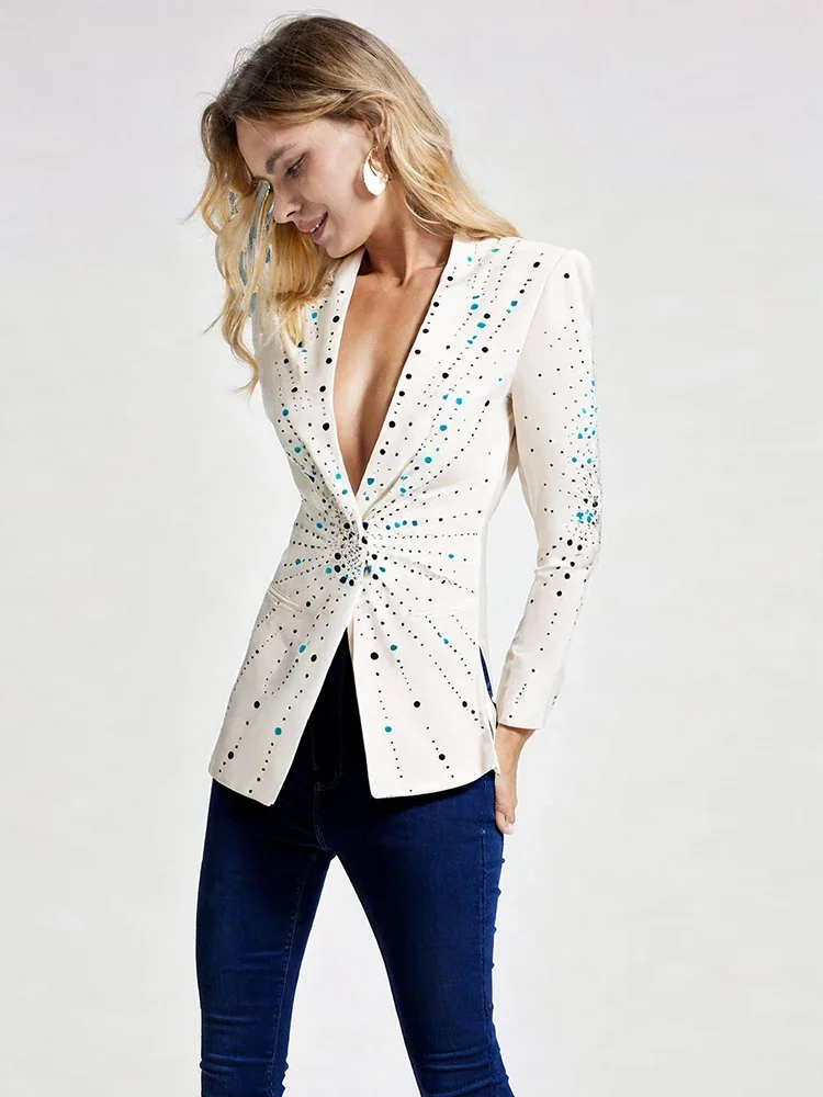 

HIGH QUALITY 2024 Designer Stylish Women Handmade Color Hot Diamond Slim Button White Blazer Jacket Outfit Autumn