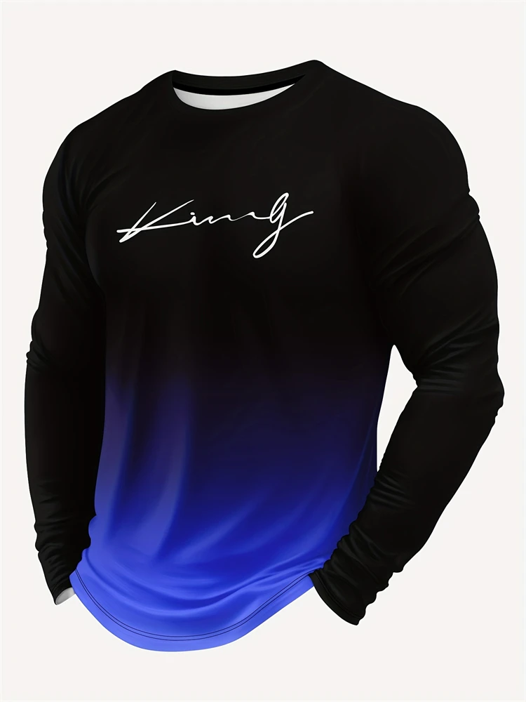 Spring Simple Men's Long-sleeved T-shirt Gradient Wild Fashion Trend T-shirt Men New Commuter Large Size Round Neck Long-sleeved