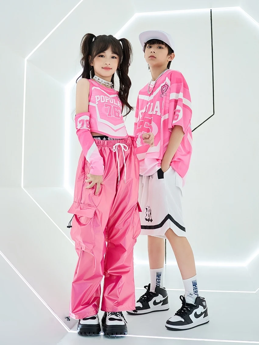 2024 Hip Hop Street Dance Clothing For Girls Pink Loose Outfits Cheerleading Jazz Dance Performance Stage Costumes Boys DQS16363