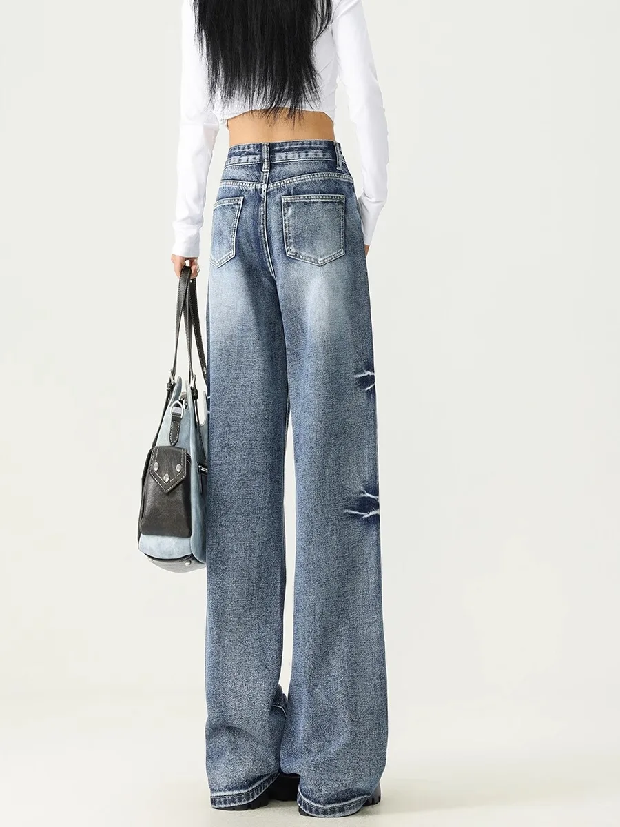 American Retro Cra Wide Leg Jeans Women's Spring Autumn High Waist Loose Slimming Not Legging Floor Length  Hoof Pants