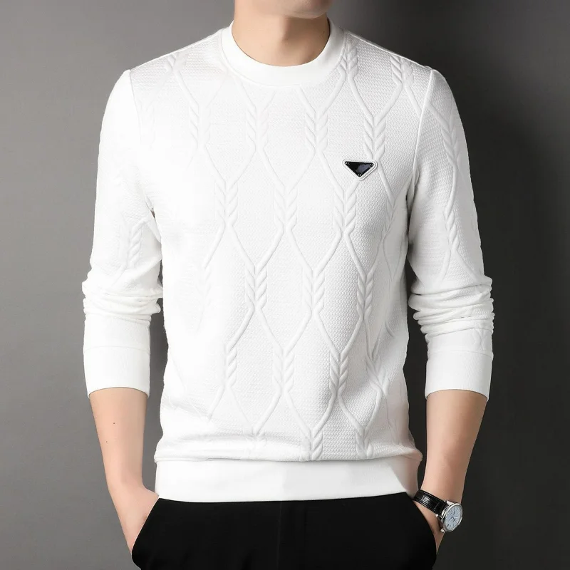 Autumn Winter Men Bottoming Long Sleeve Sweater Korean Versatile Basic Tees Fashion New Jacquard Solid Casual Knitted Pullovers